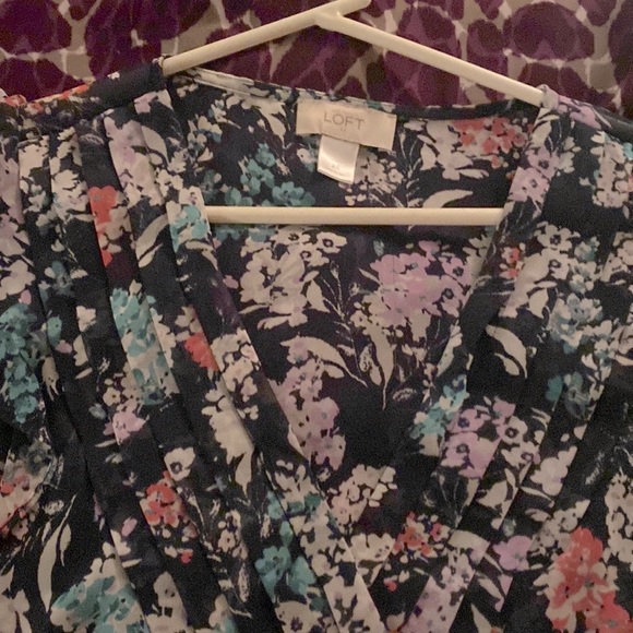 LOFT Mixed Media Floral Ruffle Shell - Navy, Pink, Teal and White- Like New! - Picture 6 of 6